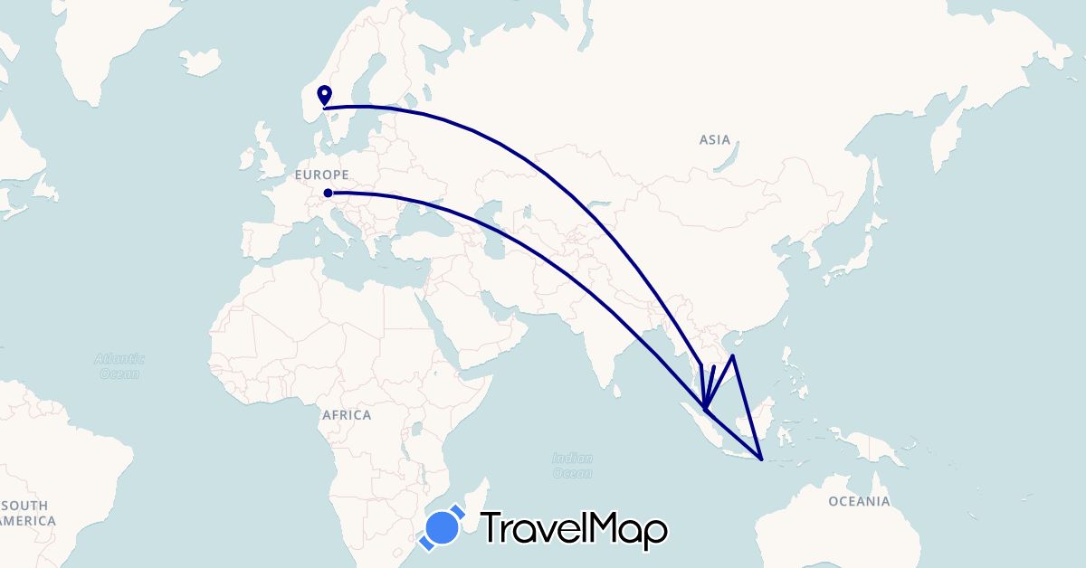TravelMap itinerary: driving in Germany, Indonesia, Cambodia, Malaysia, Norway, Singapore, Thailand, Vietnam (Asia, Europe)